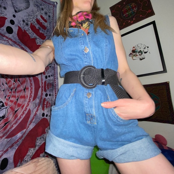 90s Vintage Highway Denim Jean Button Down Romper - Picture 2 of 16